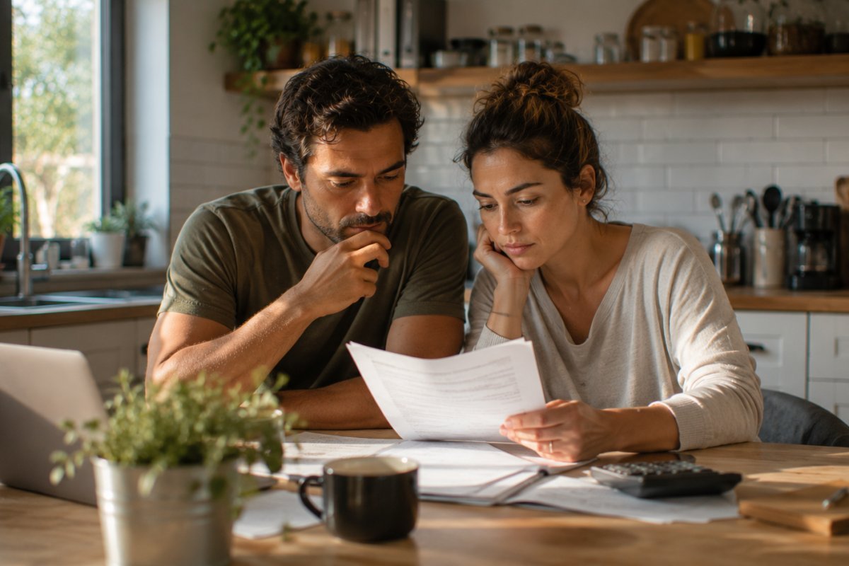Una pareja revisando sus finanzas en la cocina