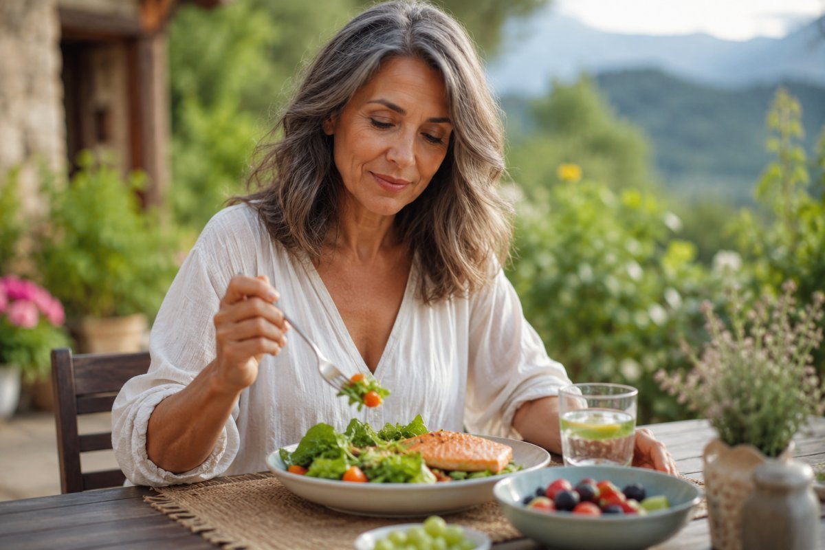 Mujer madura disfrutando de una comida balanceada en un entorno natural