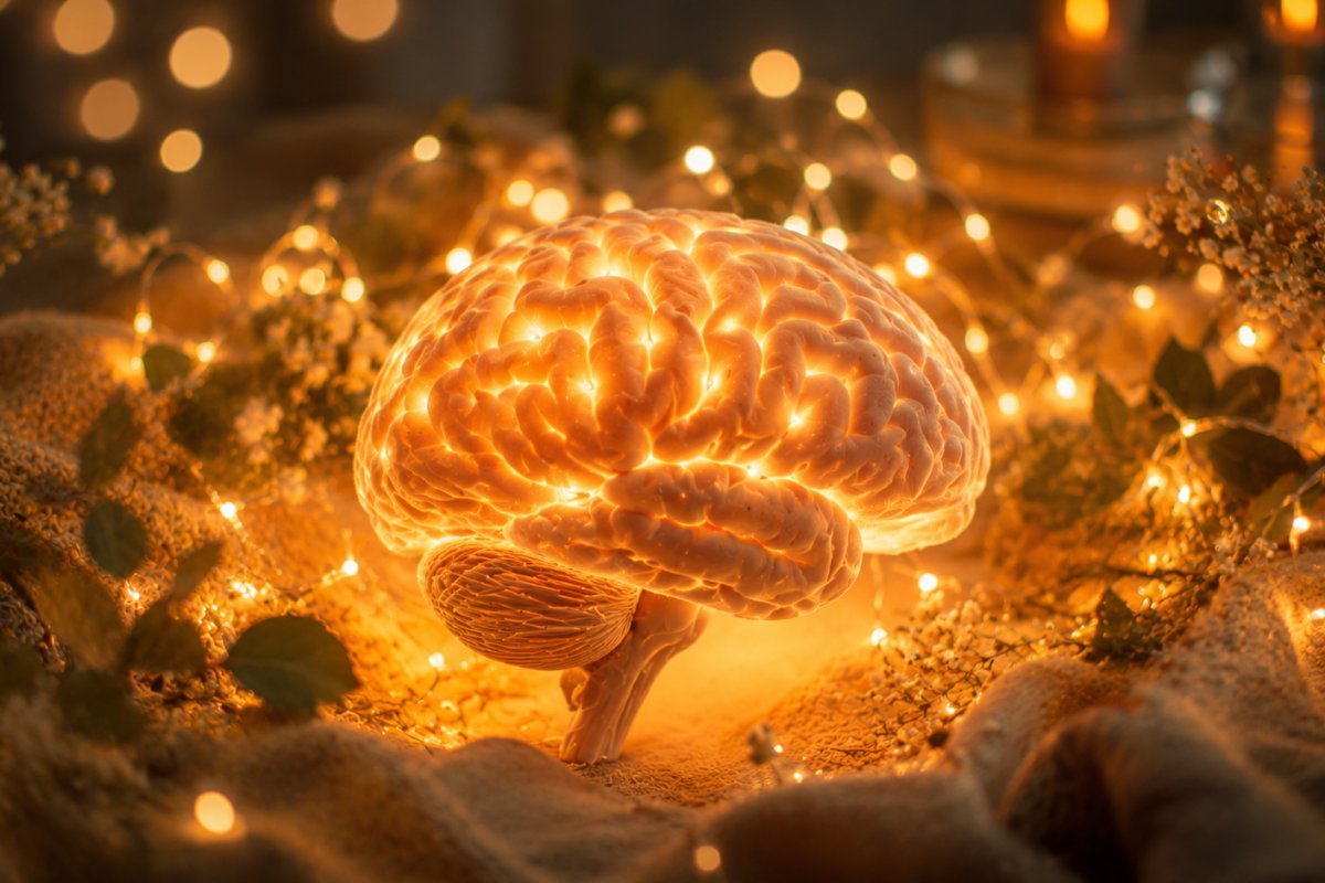 Una ilustración de un cerebro humano rodeado de luces cálidas y relajantes