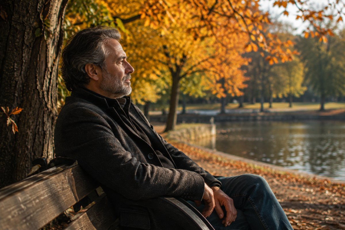 Un hombre maduro reflexionando en un parque en otoño