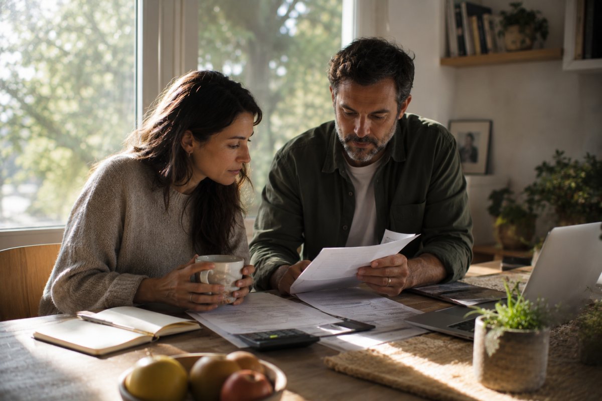 Una pareja revisando sus finanzas en un ambiente sereno