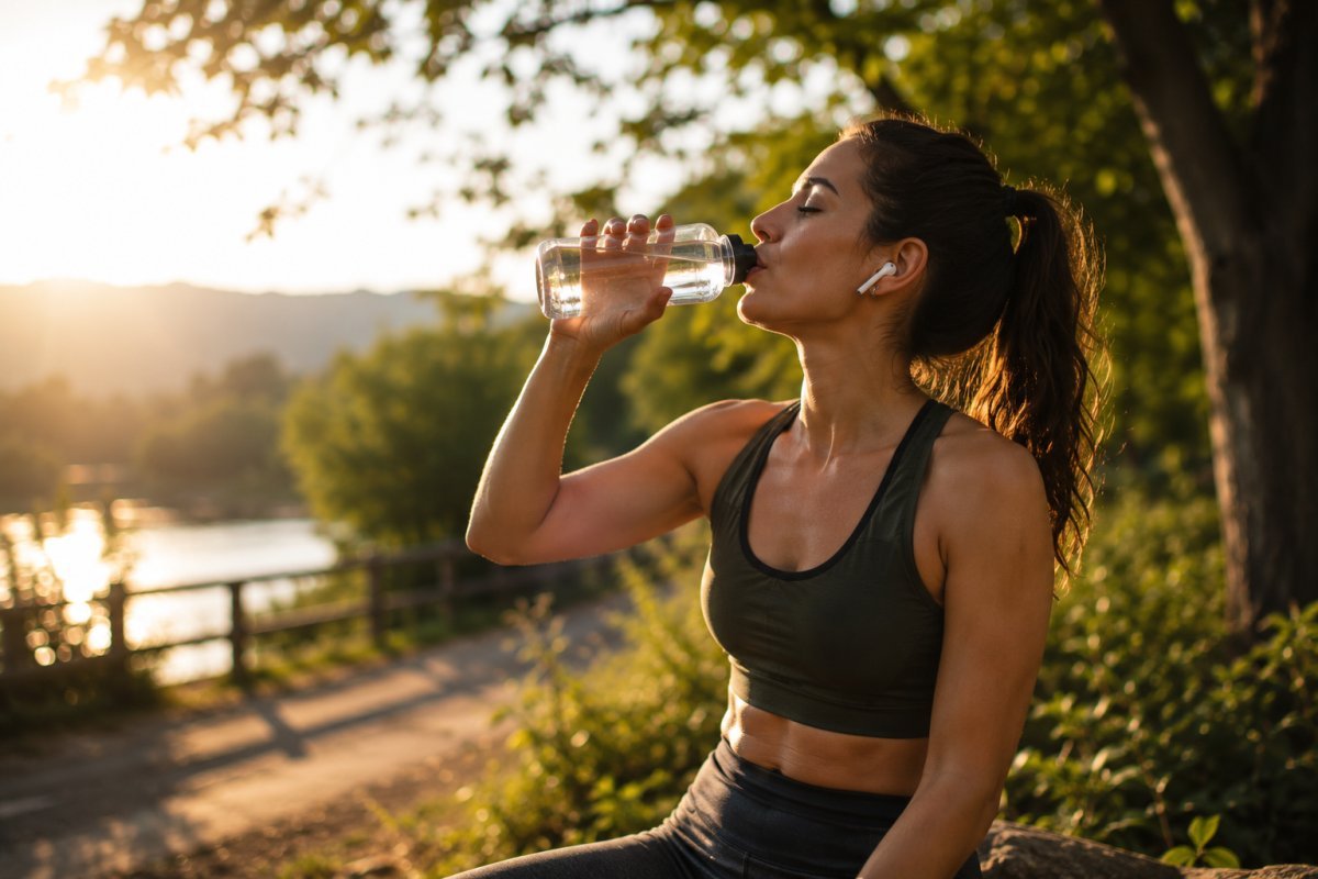 Una mujer bebiendo agua después de una sesión de ejercicio al aire libre