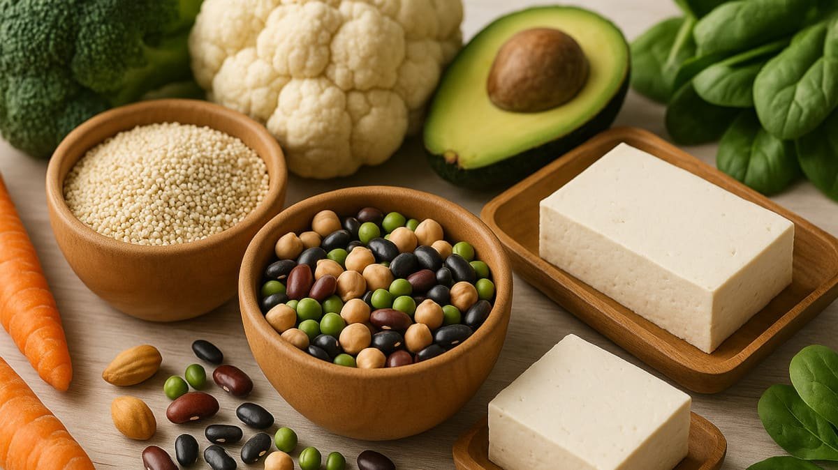 Mesa con legumbres, tofu, quinoa y verduras frescas en ambiente luminoso y natural estilo wellness