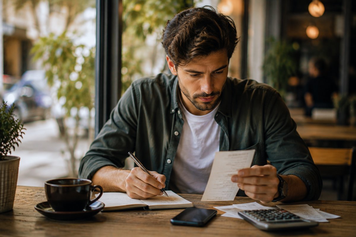 Un hombre joven revisa su presupuesto en un café tranquilo