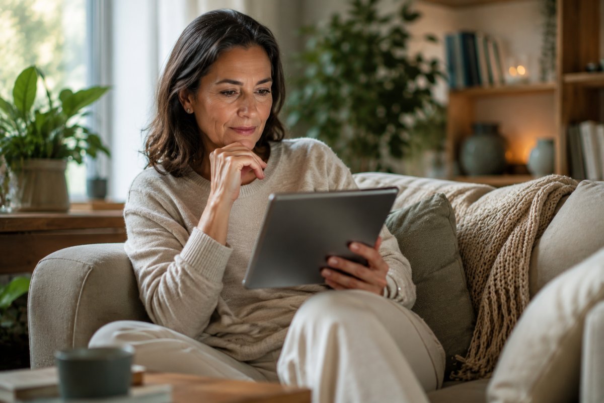 Una mujer madura revisando información de salud en su tablet