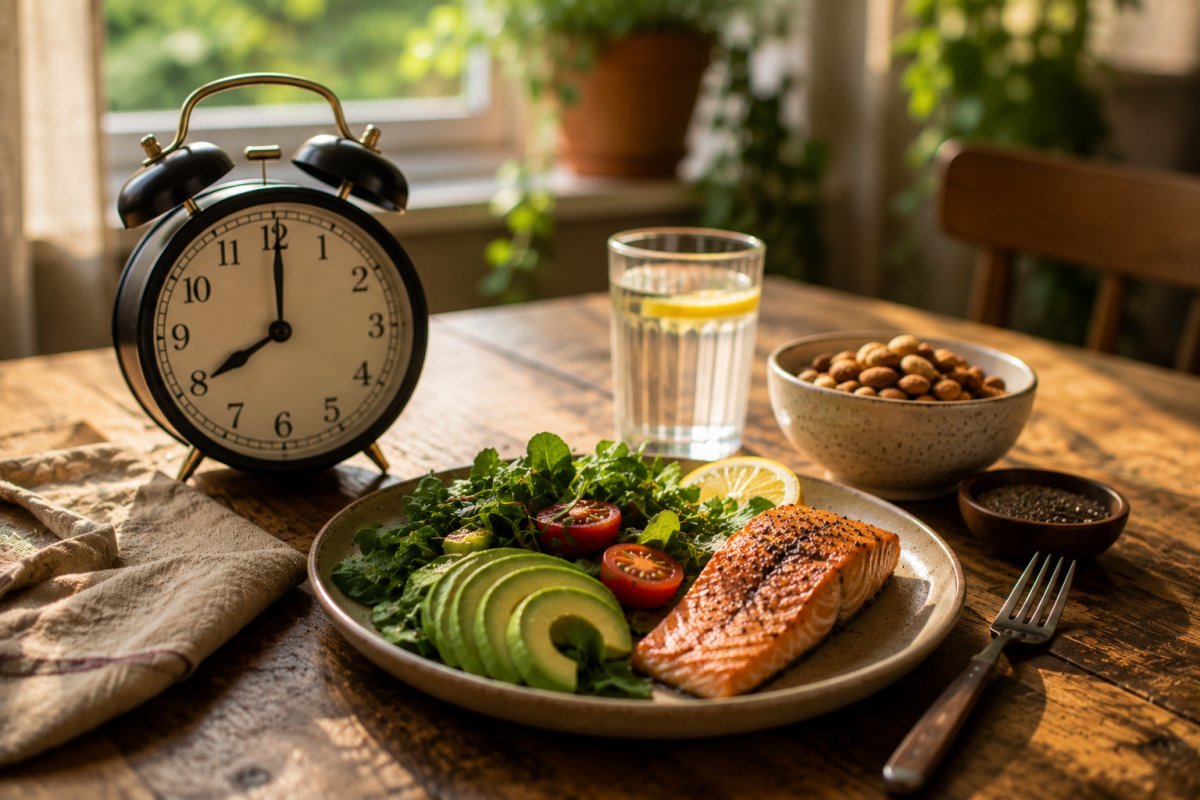 Mesa con reloj y alimentos saludables, simbolizando el ayuno
