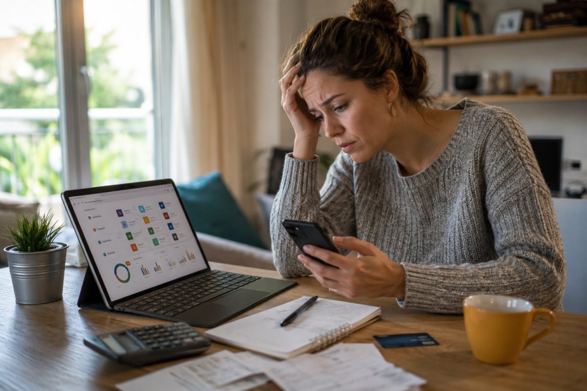 Mujer revisando sus suscripciones digitales con preocupación