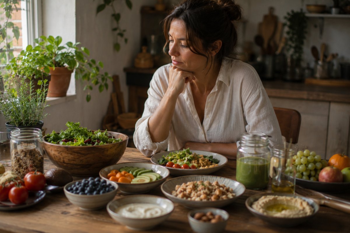 Una mujer reflexionando frente a una mesa llena de alimentos variados