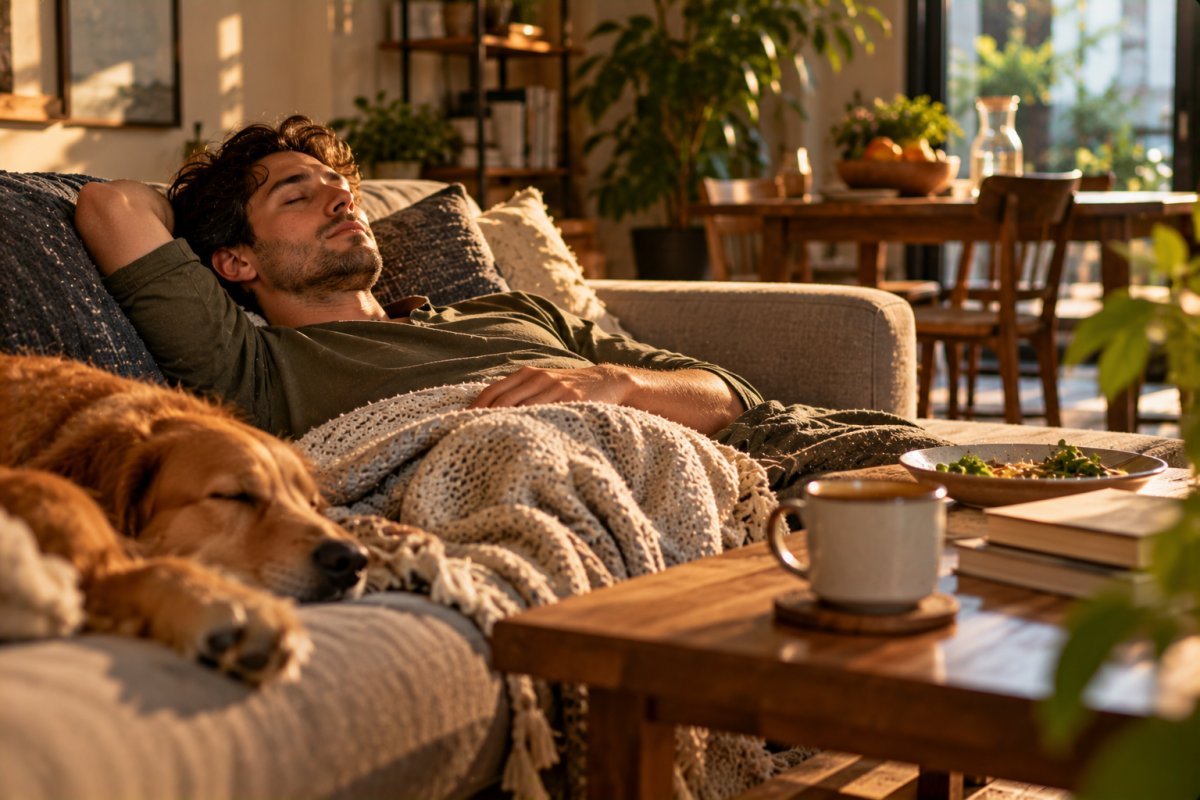 Hombre descansando al mediodía tras almorzar