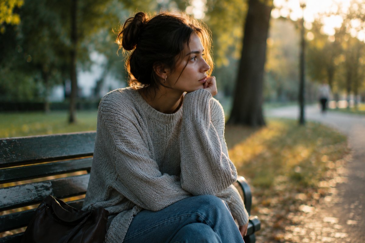 Una mujer reflexionando sobre sus relaciones, sentado en un parque