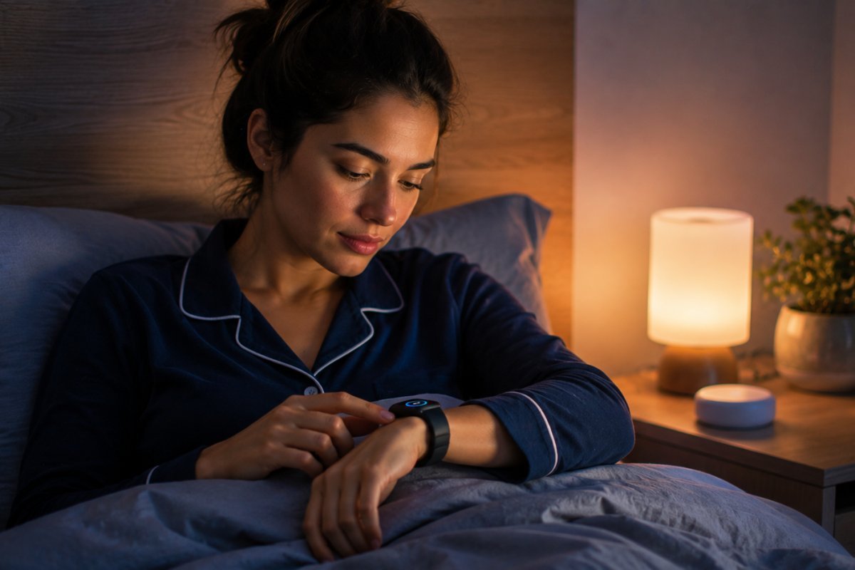 Persona usando tecnología portátil para mejorar el sueño