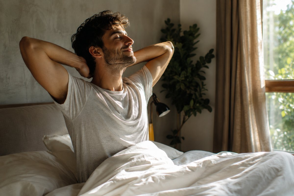 Un hombre joven despertando relajado, luz natural suavemente iluminando su rostro