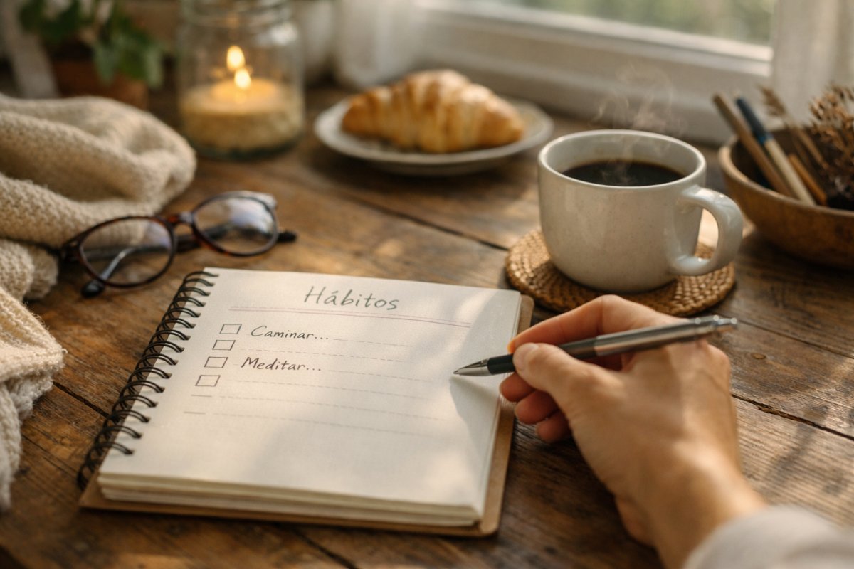 una libreta abierta con hábitos escritos a medias junto a una taza de café en una mañana tranquila
