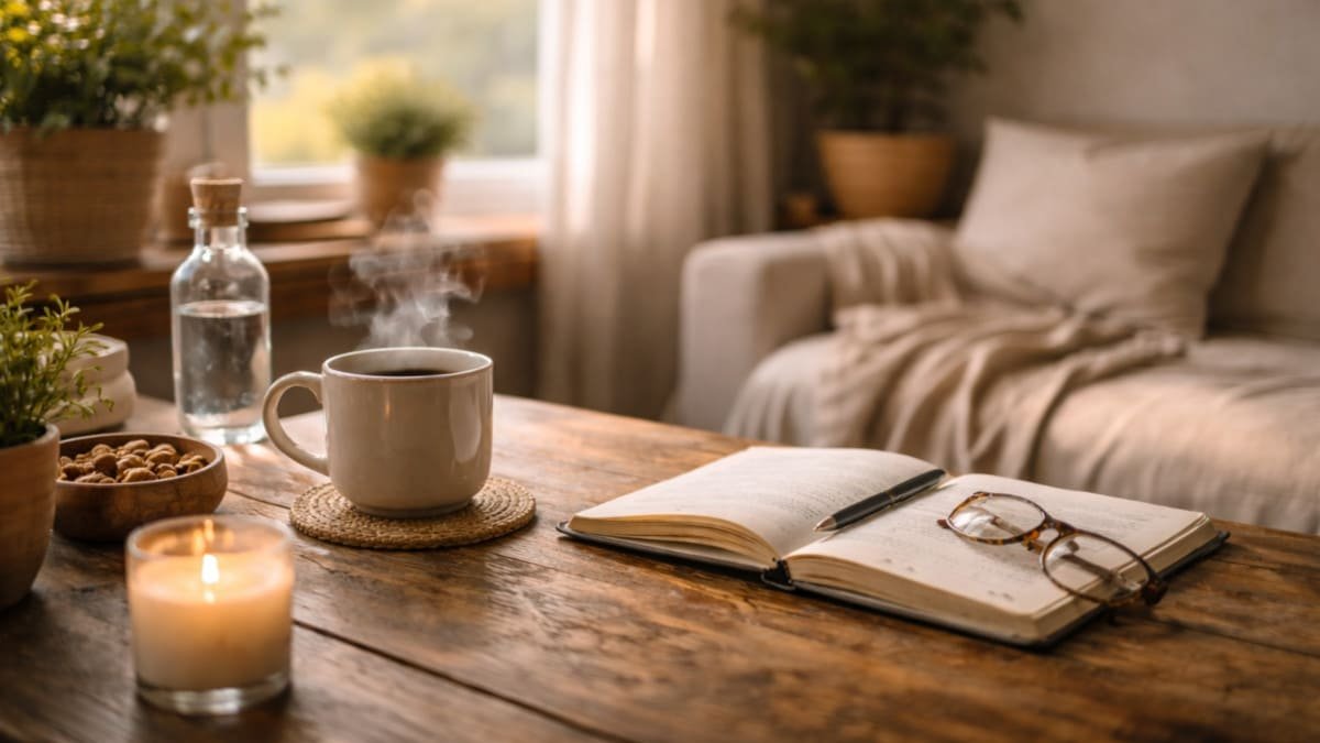persona sentada junto a una ventana respirando profundo con luz natural ambiente calmado