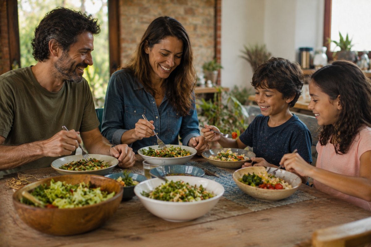 Una familia disfrutando de una comida saludable y económica en casa