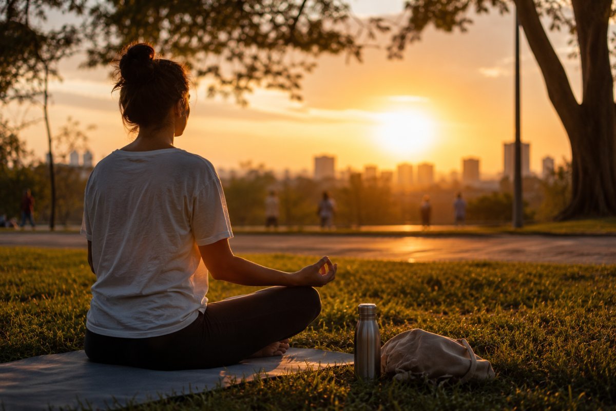 Una persona meditando en un parque durante el atardecer