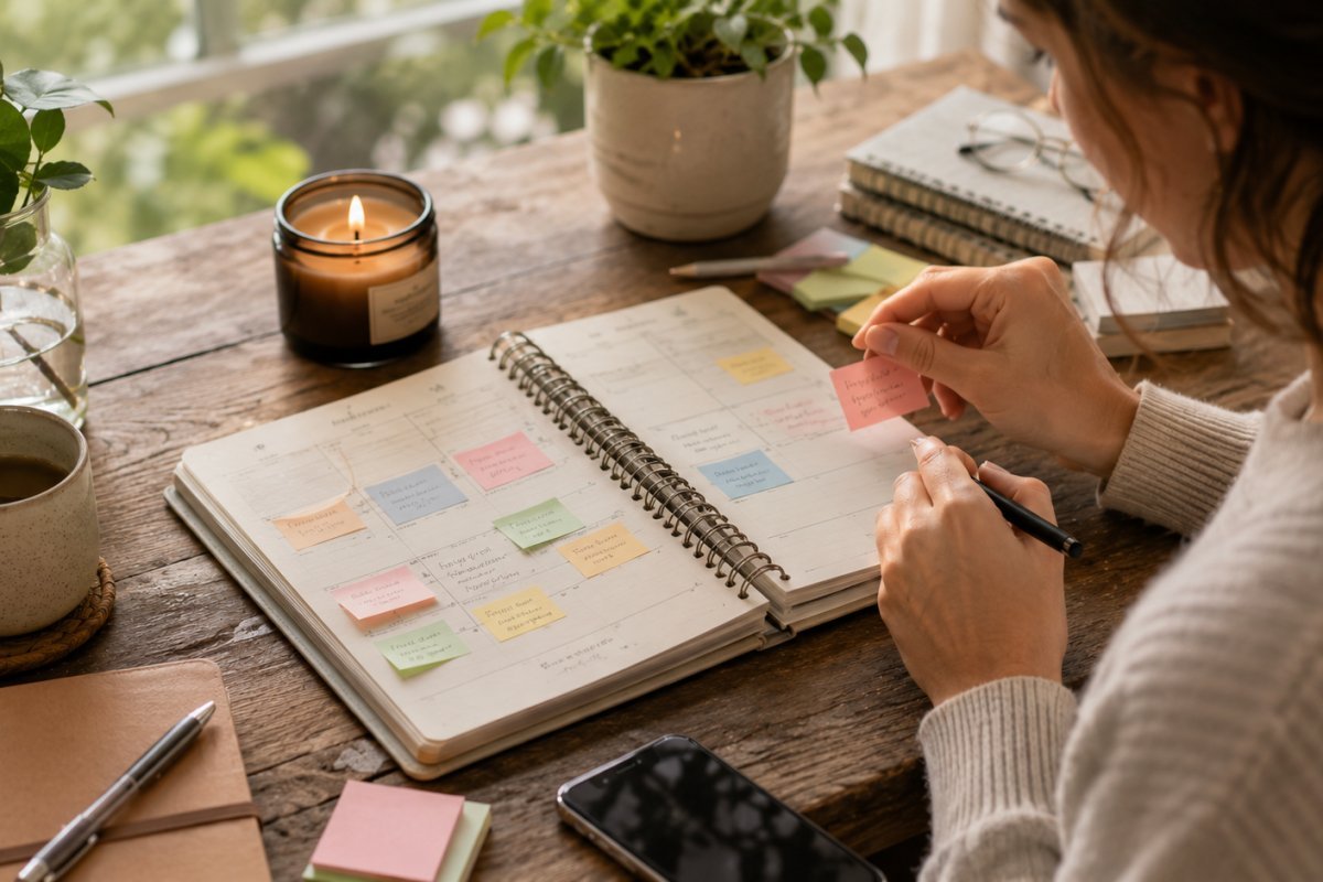 Persona reorganizando su planeación semanal flexible