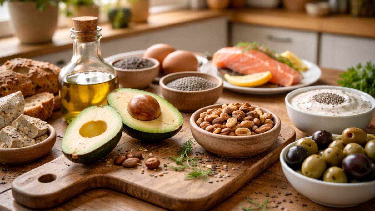 alimentos naturales ricos en grasas saludables sobre una mesa con luz natural