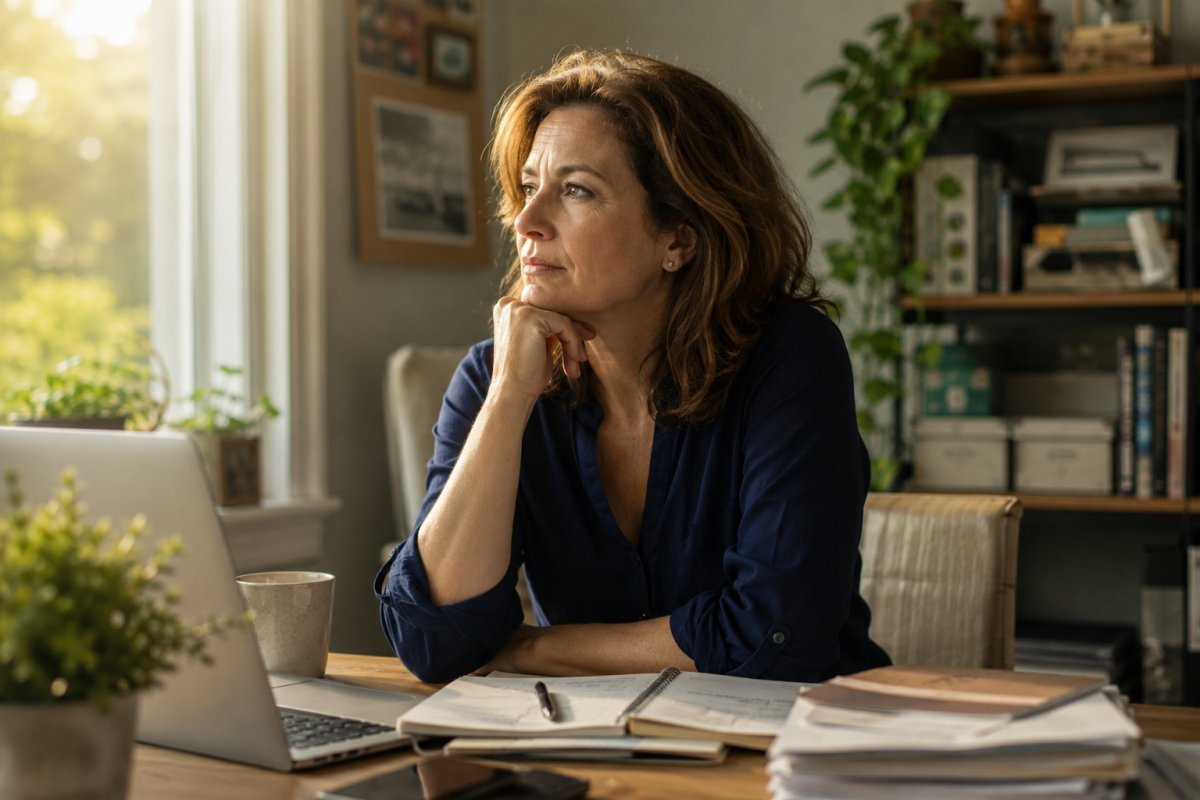 Una mujer madura reflexionando en su escritorio