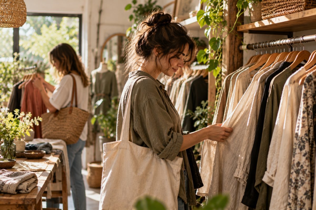 Personas eligiendo ropa en una tienda de moda slow