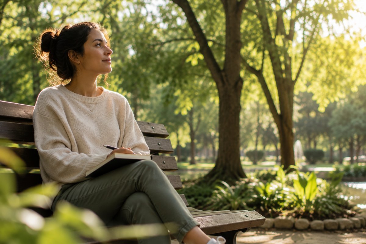 Una mujer joven reflexionando en un parque, conectado con su entorno