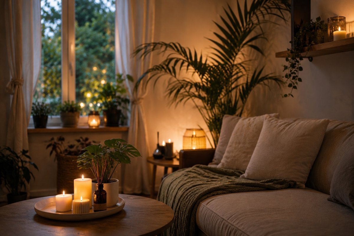 Una sala pequeña decorada con plantas y velas aromáticas