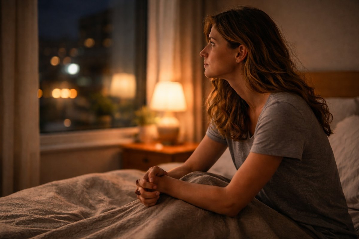 Mujer sentada en el borde de la cama mirando hacia la ventana nocturna mientras sostiene sus manos entrelazadas en silencio