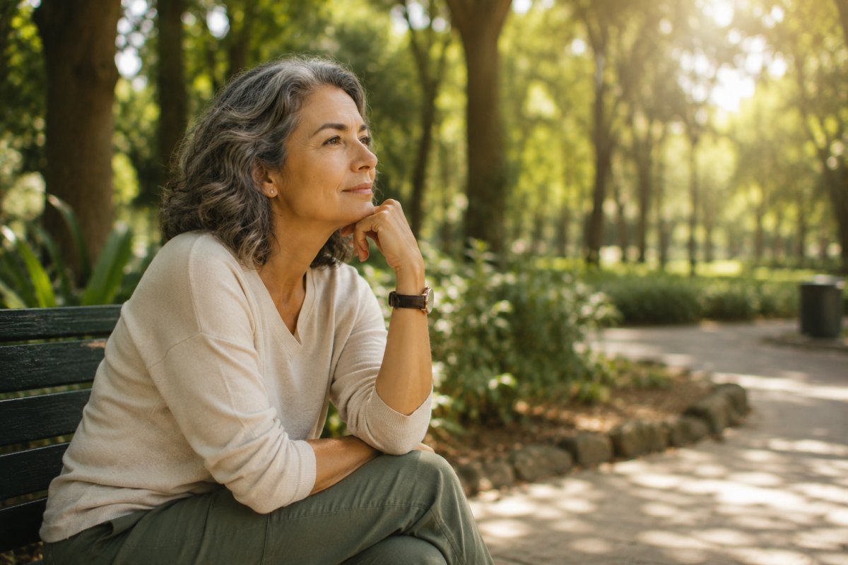 Mujer madura reflexionando en un parque tranquilo