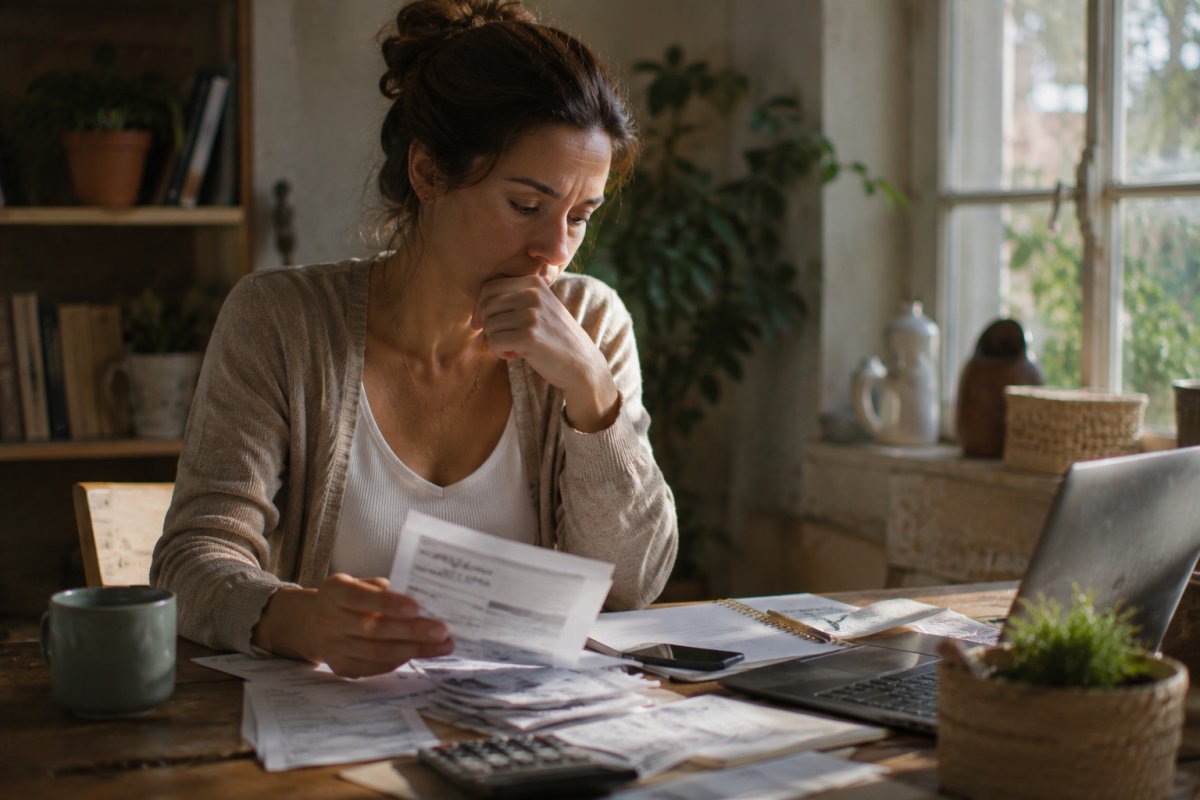 Una mujer reflexionando sobre decisiones financieras