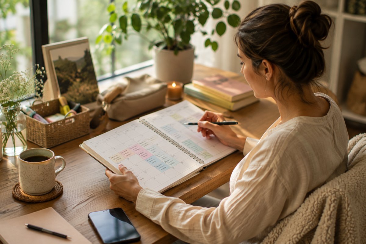 Mujer revisando su planificación semanal para el cuidado personal