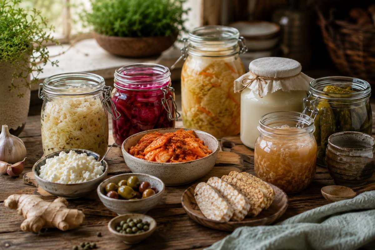 Variedad de alimentos fermentados en una mesa rústica