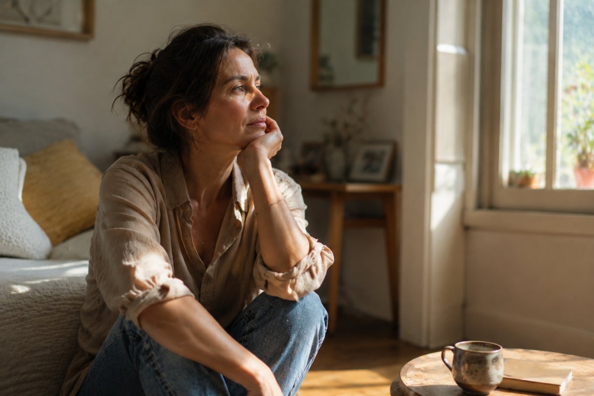 Una mujer madura reflexionando en una habitación iluminada