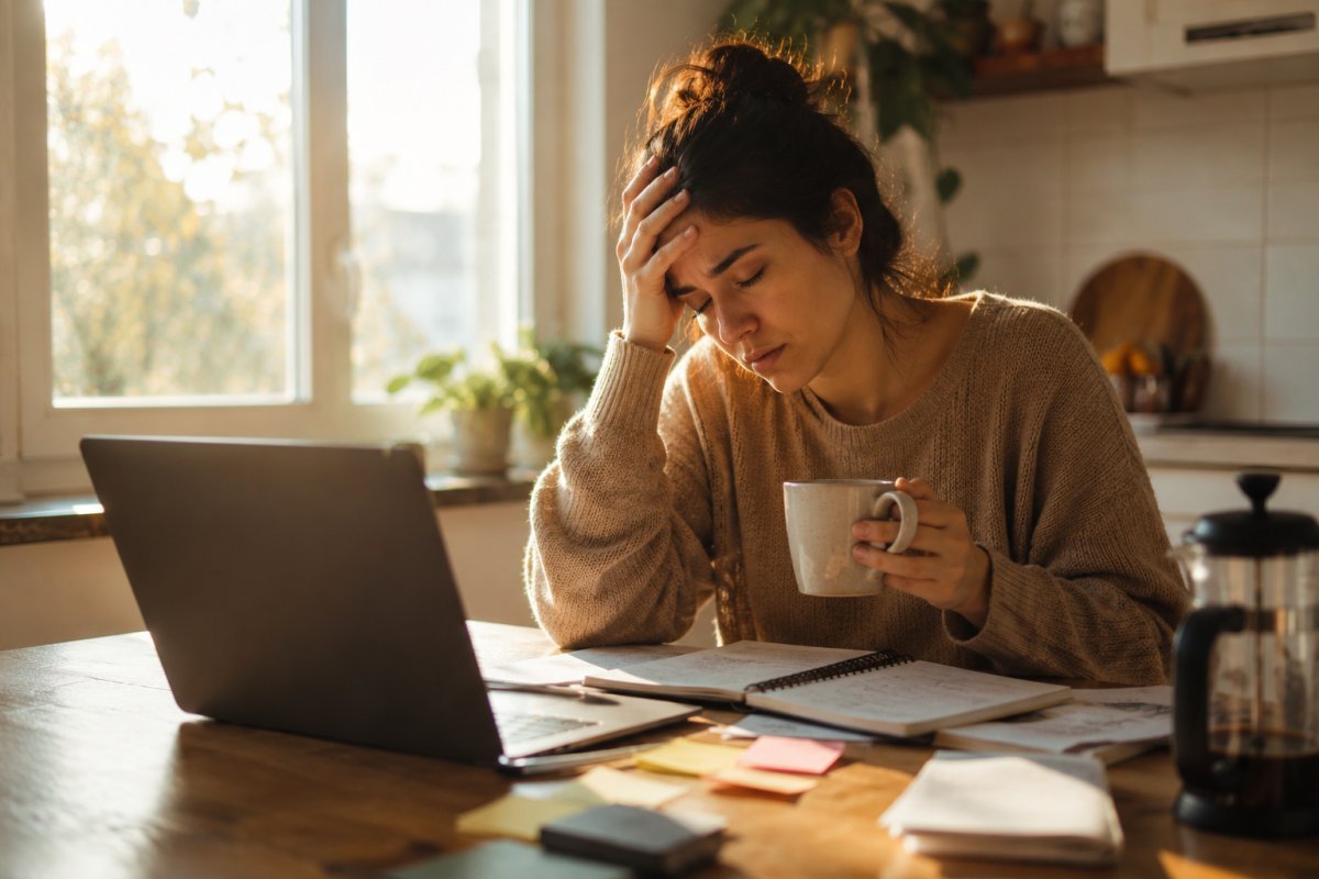 mujer sentada en la cocina al amanecer revisando pendientes mientras sostiene una taza de café con expresión agotada