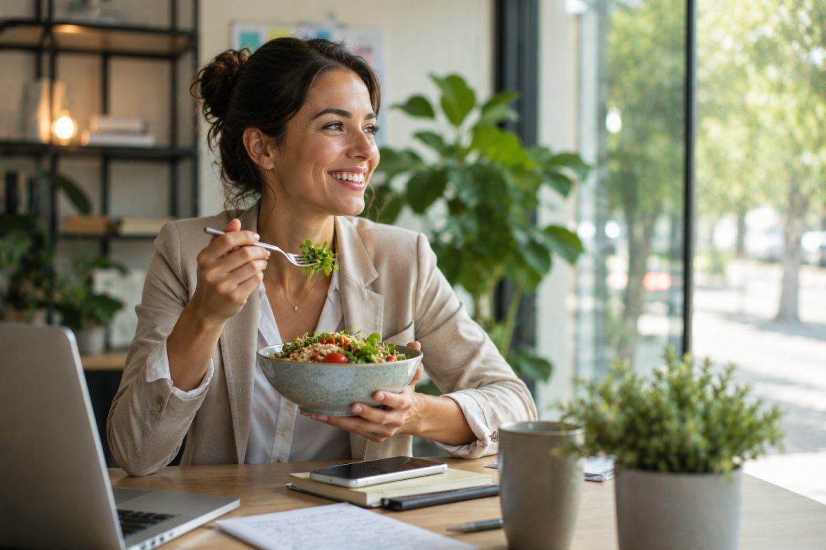 Una mujer disfrutando de una comida revitalizante en un día ajetreado