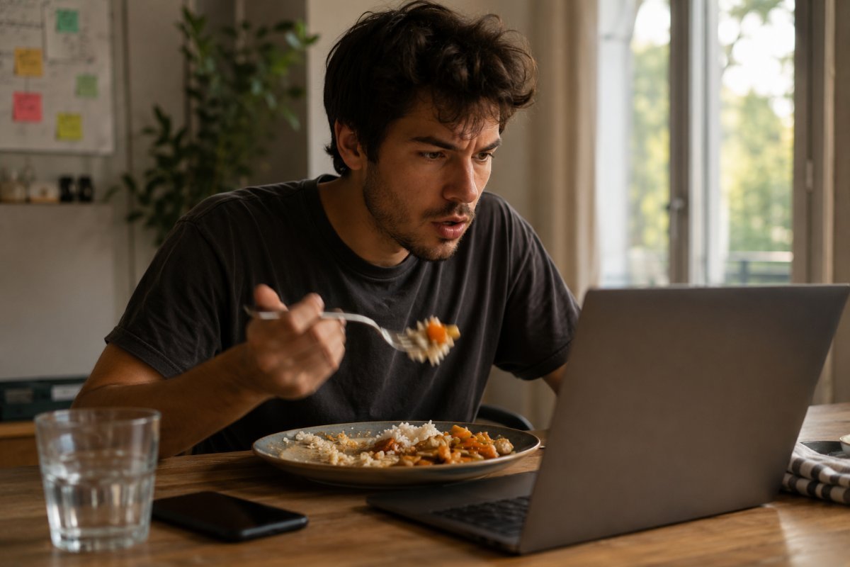 hombre joven con plato de comida a medio terminar junto a una laptop abierta mientras una mano sostiene un tenedor apresuradamente sobre la mesa