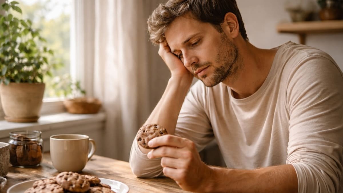 persona sentada en cocina con dulce frente a ventana y luz suave