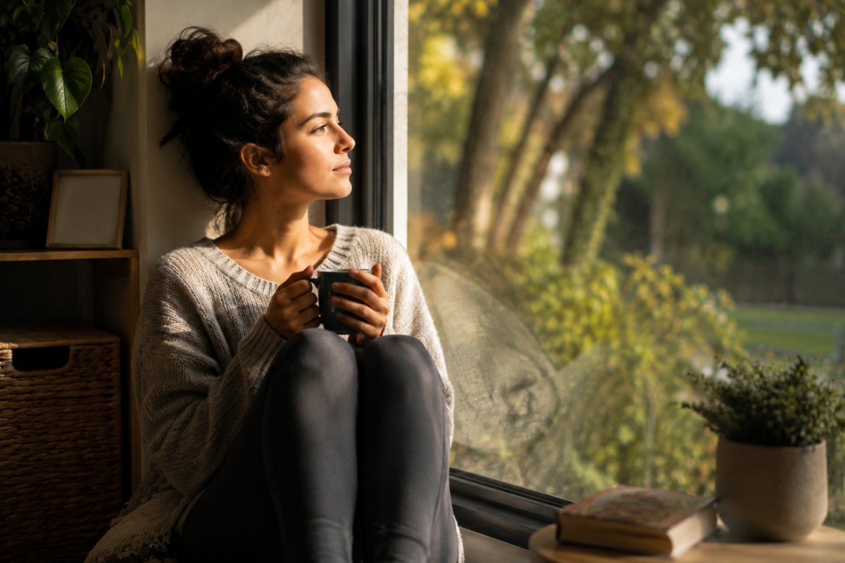 Una mujer joven pensativo sentado junto a una ventana con una taza de té
