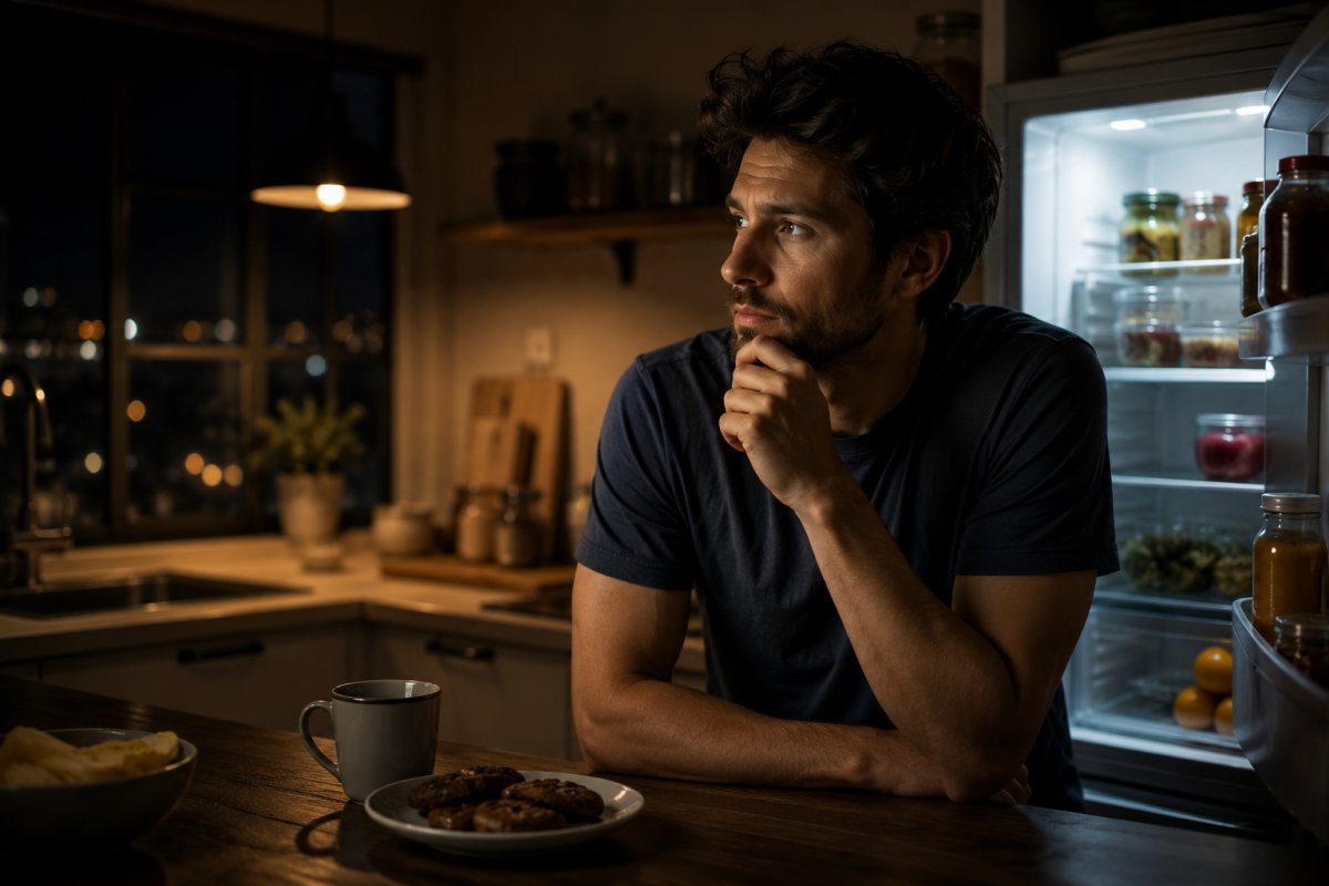 Hombre contemplativo en la cocina por la noche