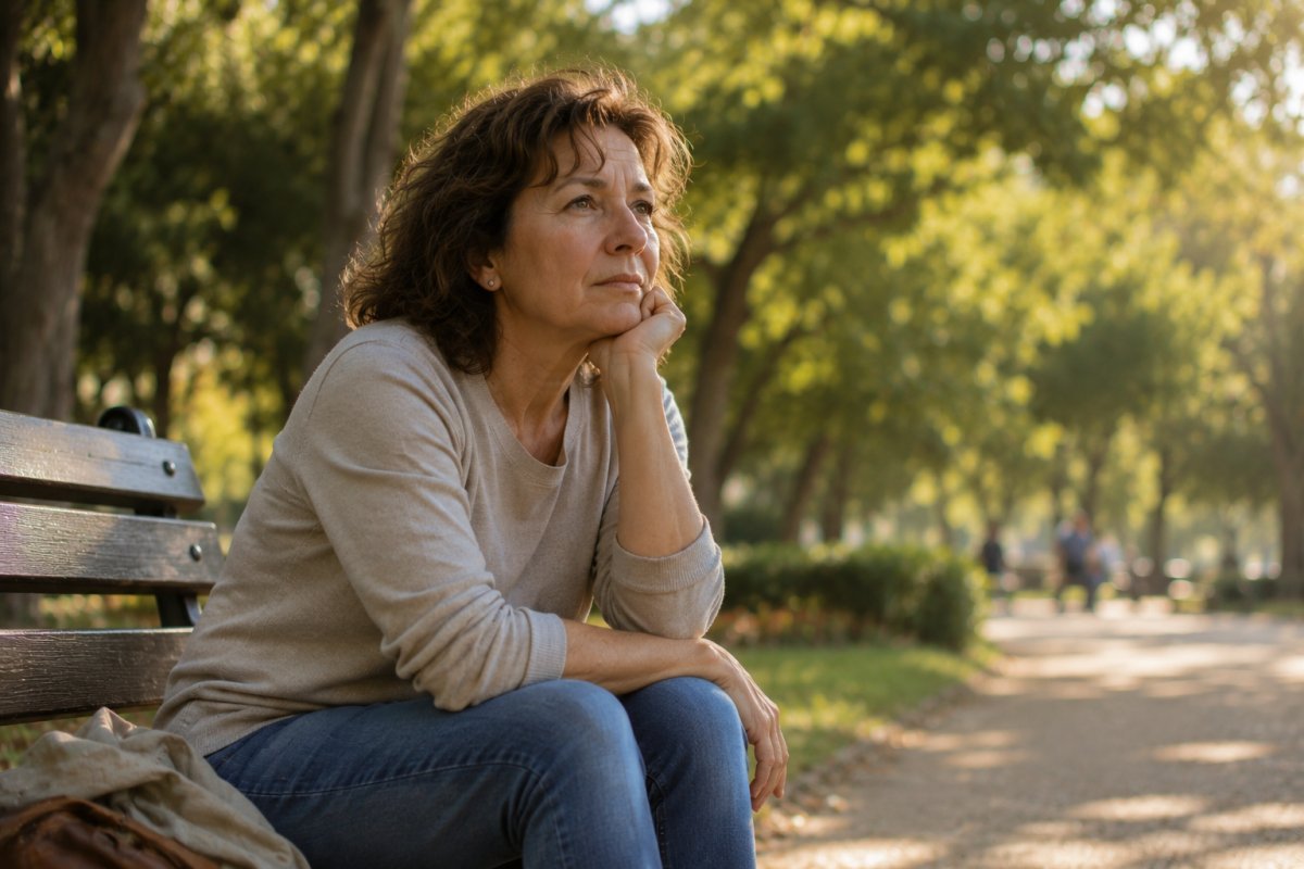 Mujer madura reflexionando mientras se sienta en un parque