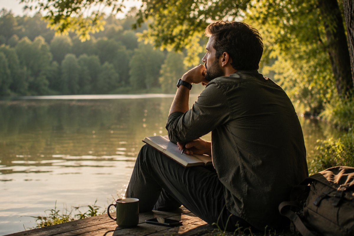 Hombre reflexionando sobre su bienestar financiero en un entorno natural