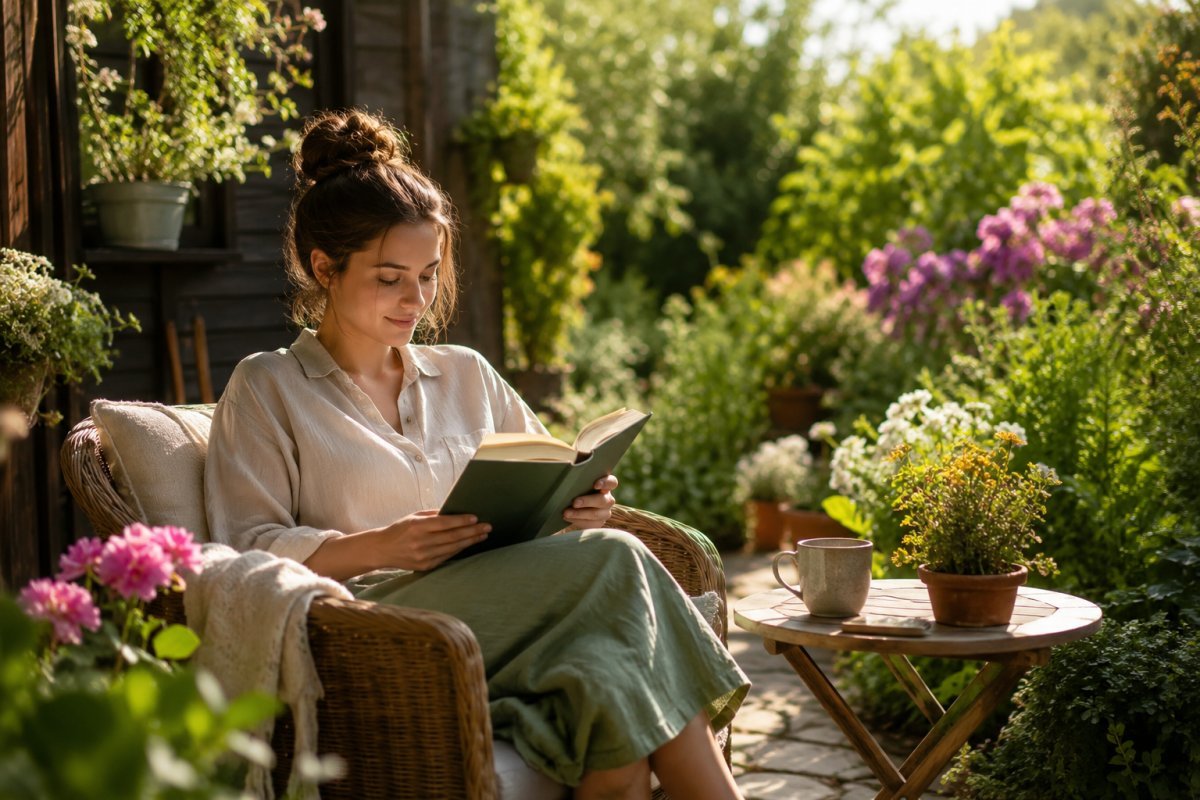Una joven relajada leyendo un libro en un tranquilo jardín