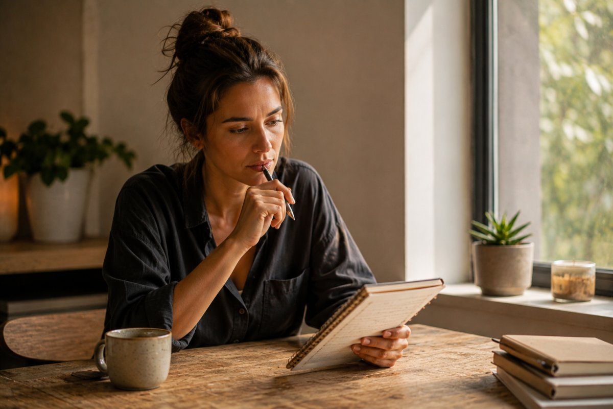 Mujer pensativo observando su lista de prioridades
