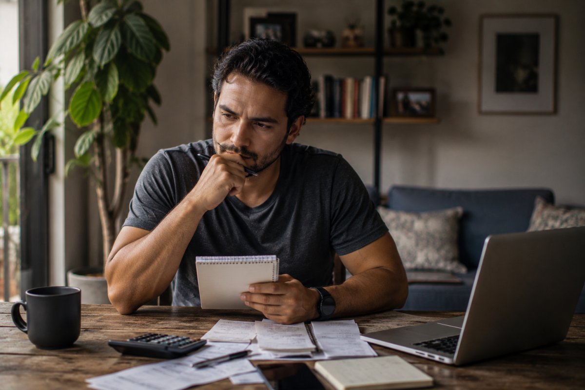 Hombre reflexionando sobre finanzas personales con una libreta en mano