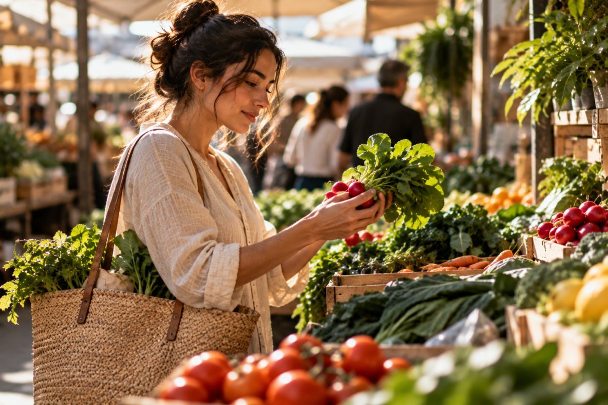 Persona practicando mindful shopping en un mercado