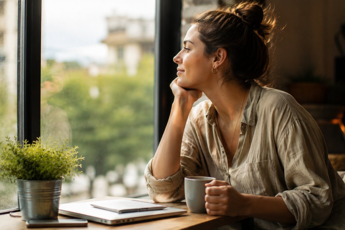 Mujer joven mirando por la ventana, tomando un breve descanso