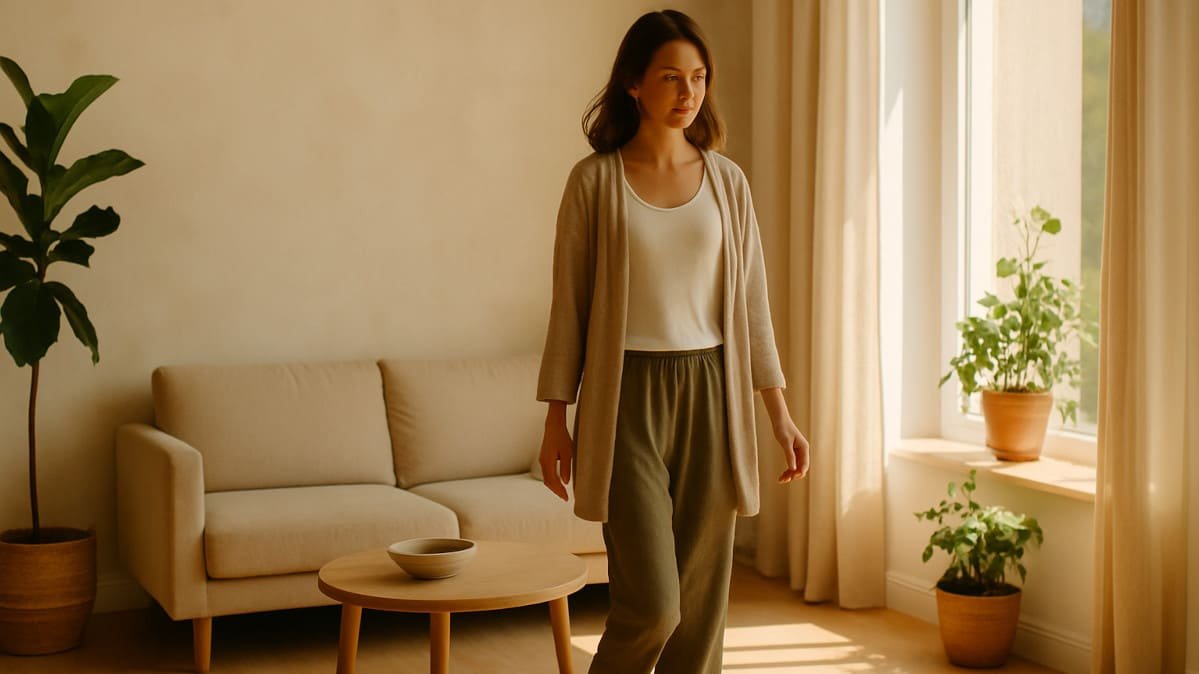 persona disfrutando un espacio minimalista natural representando bienestar moderno