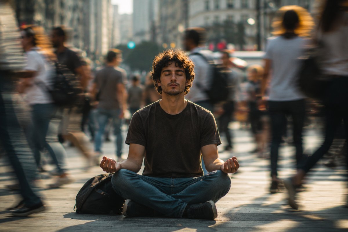 Hombre joven meditando en medio de una ciudad concurrida