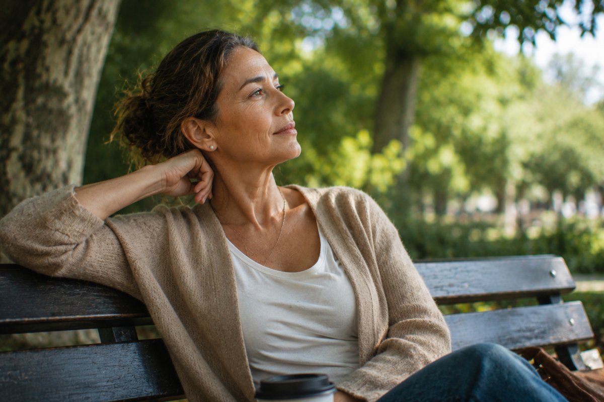 mujer madura reflexionando en un parque mientras descansa
