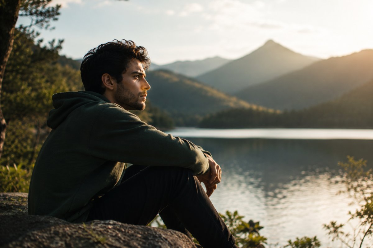 Un hombre joven reflexionando en un entorno natural