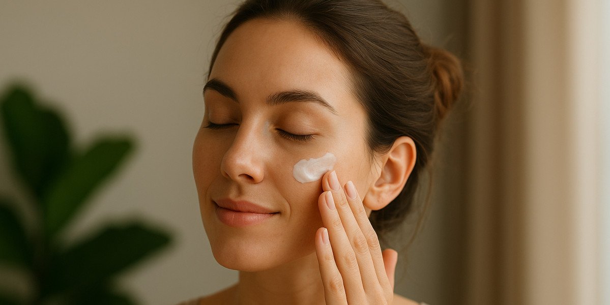 Mujer con expresión relajada aplicando crema facial en un ambiente tranquilo, luz natural suave y fondo neutro estilo wellness